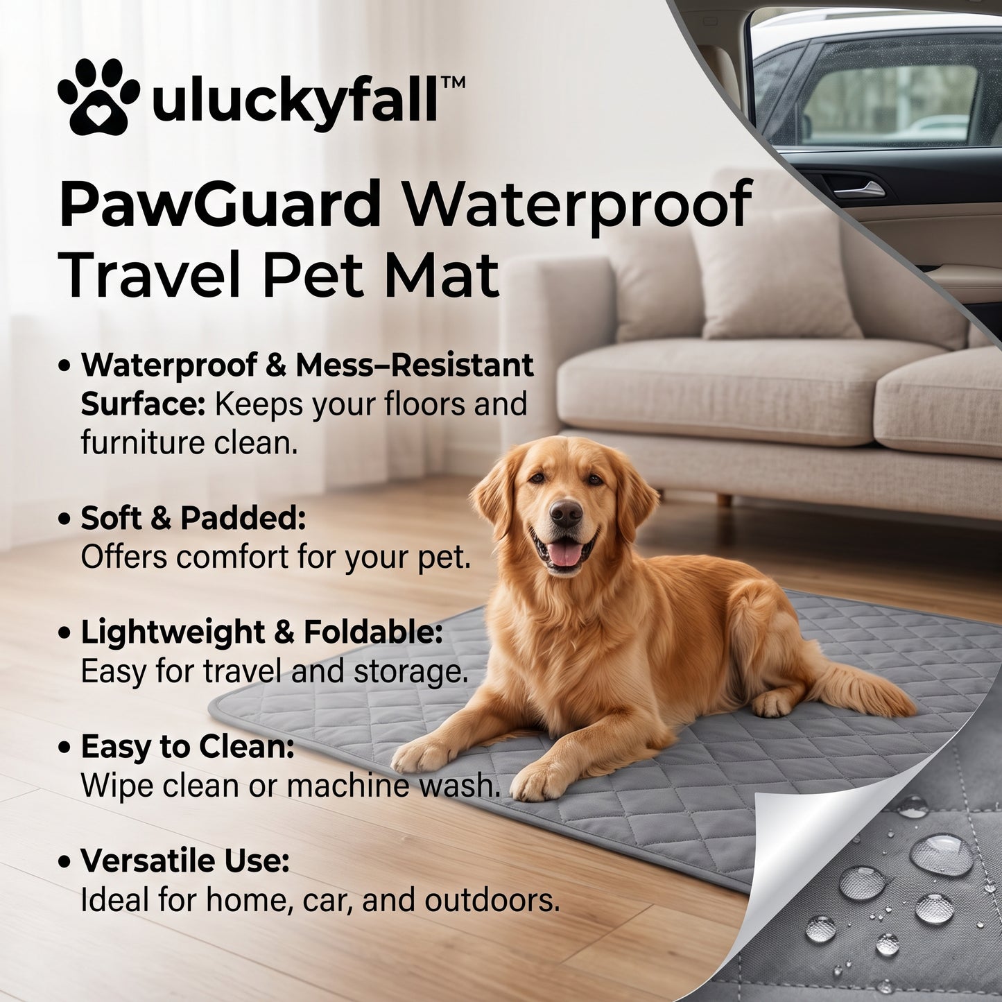 𝒖𝒍𝒖𝒄𝒌𝒚𝒇𝒂𝒍𝒍™ PawGuard Waterproof Travel Pet Mat